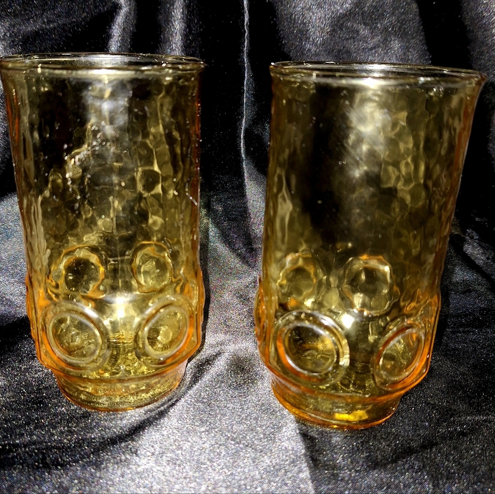 Vintage 1960's Anchor Hocking Thumbprint Glasses~Herritage Hill~Honey Gild~Amber